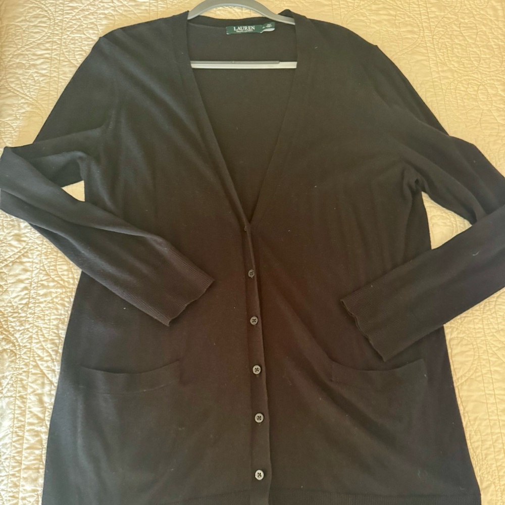 EUC Lauren Ralph Lauren Long 7 Button Black Cotton Blend V-Neck Cardigan Size XL